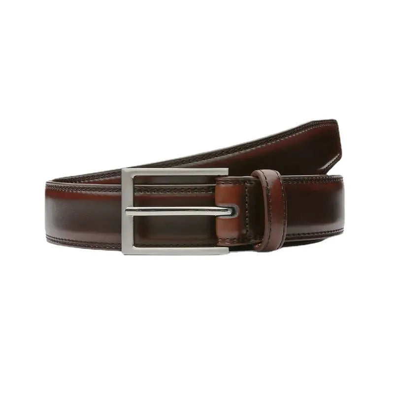 Men's brown genuine leather belt with 95-grain texture and a silver alloy buckle.