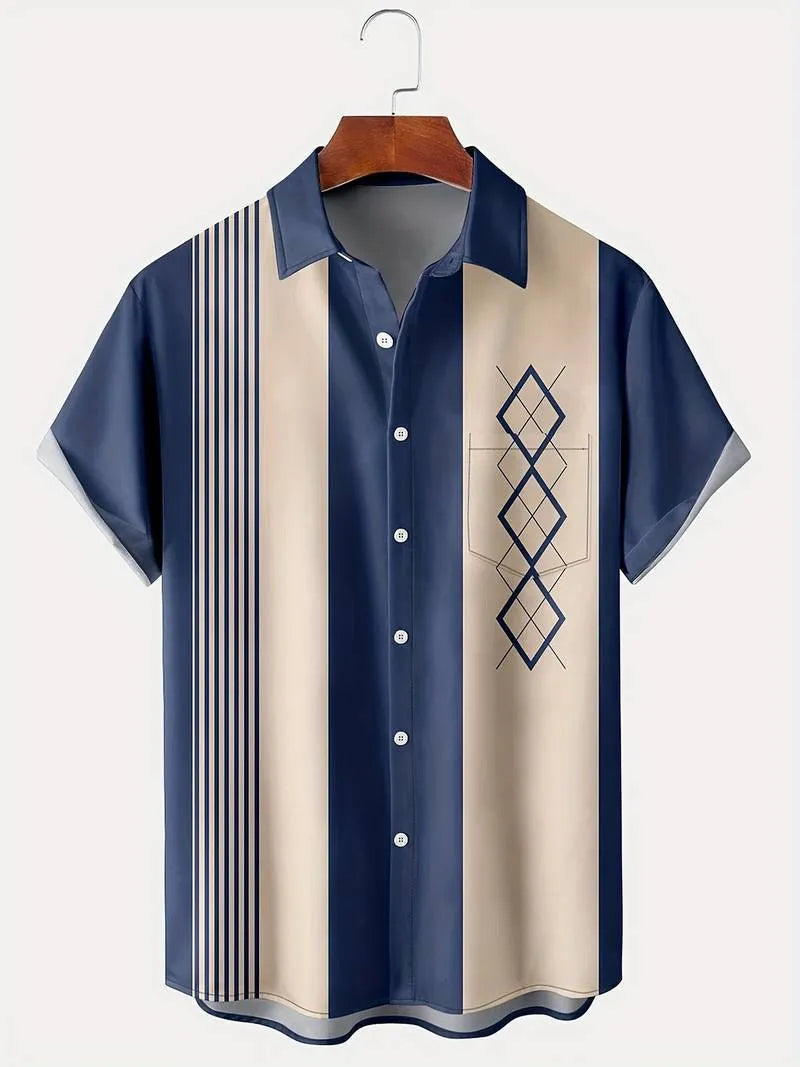 Man wearing a loose-fit short sleeve plaid shirt with a lapel collar in contrasting colours.
