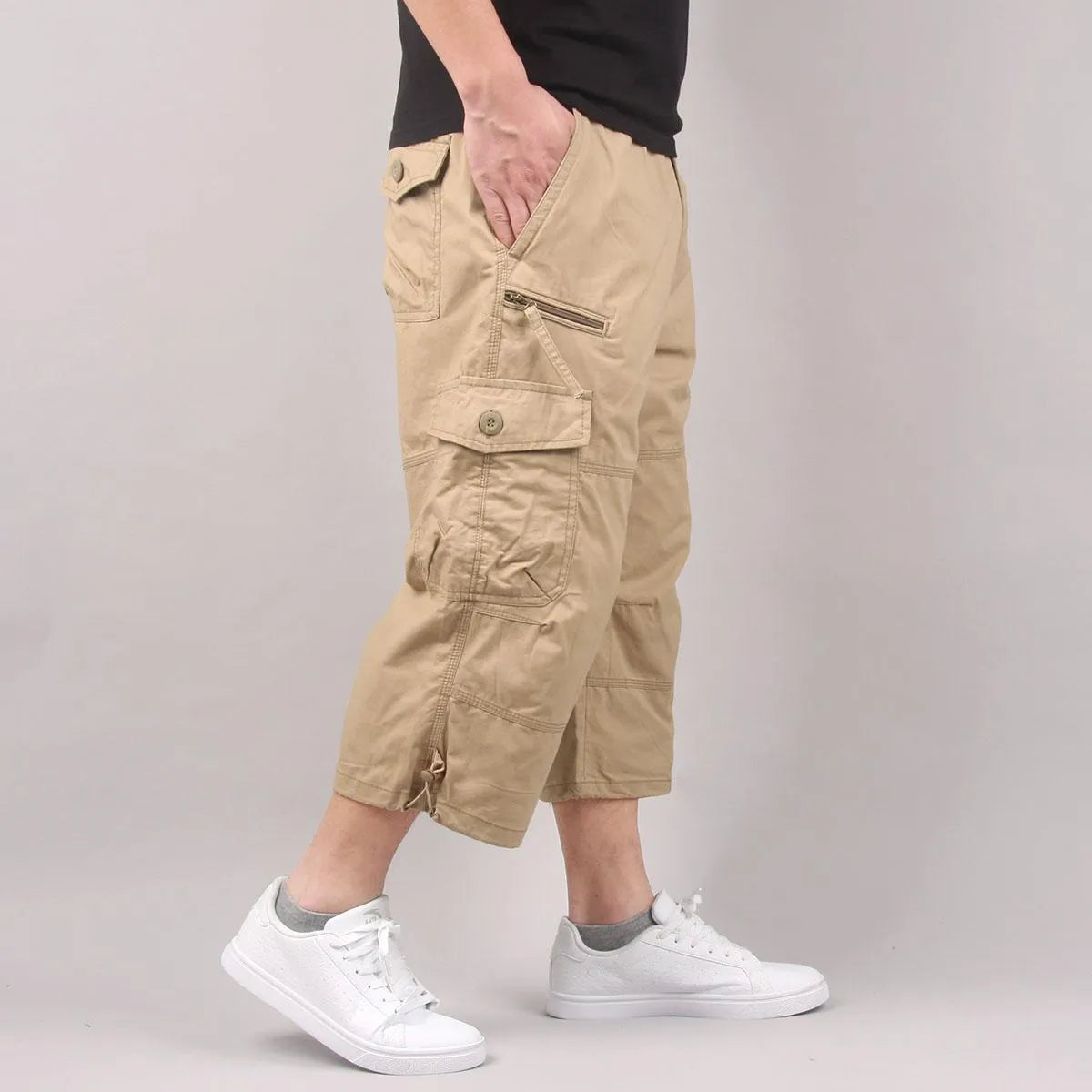 Men's cotton cropped casual pants in khaki colour with loose fit for sports activities