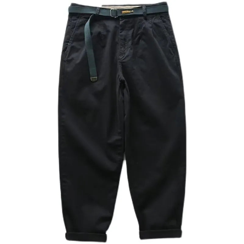 Men's Japanese leisure overalls straight loose fit cotton blend trousers in khaki with belt