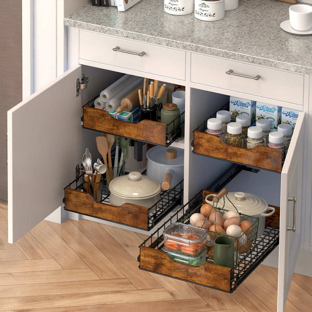 Black wooden and iron pull-out storage basket drawer for kitchen organisation on a shelf.
