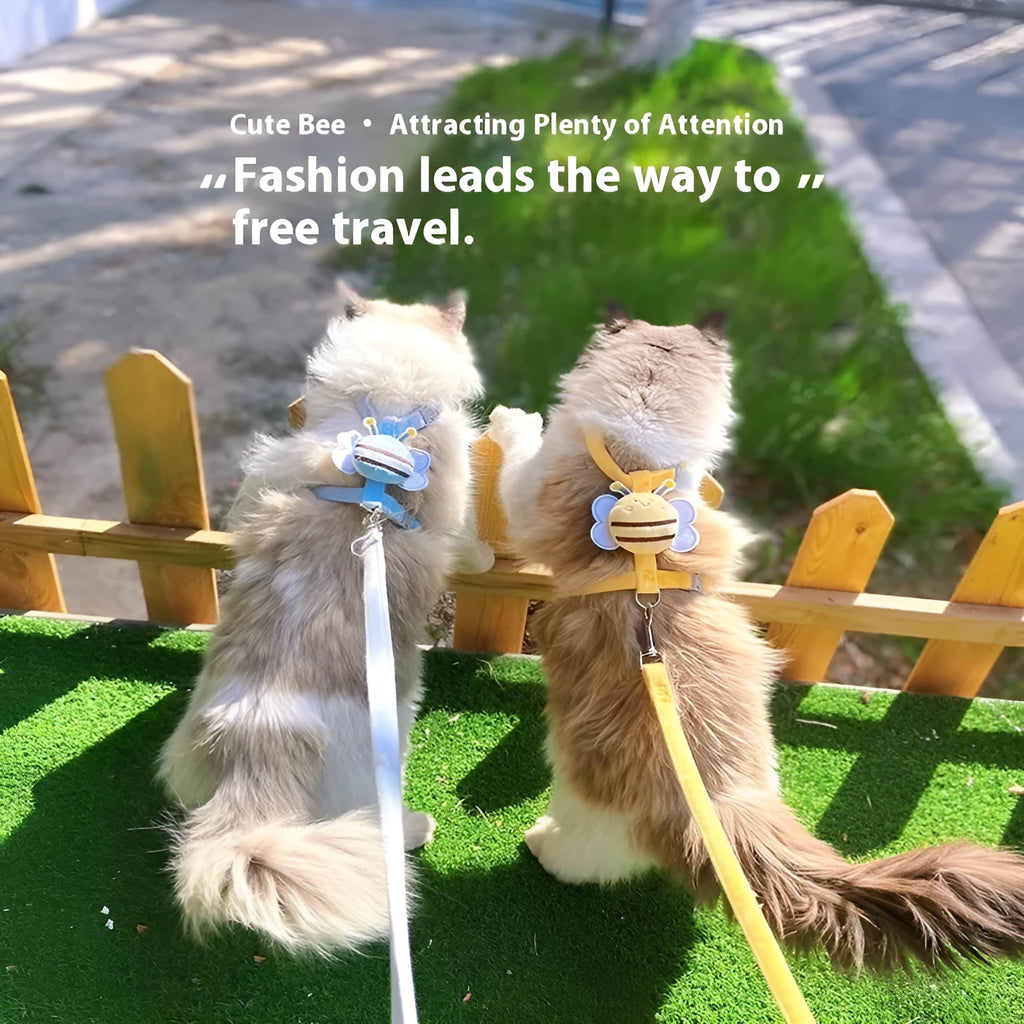 Bee-shaped adjustable cat harness and lead set in blue colour with polyester construction