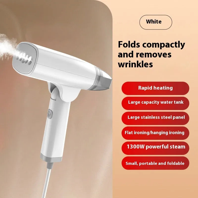 Blue and white handheld garment steamer with 1300W power rating and mechanical controls