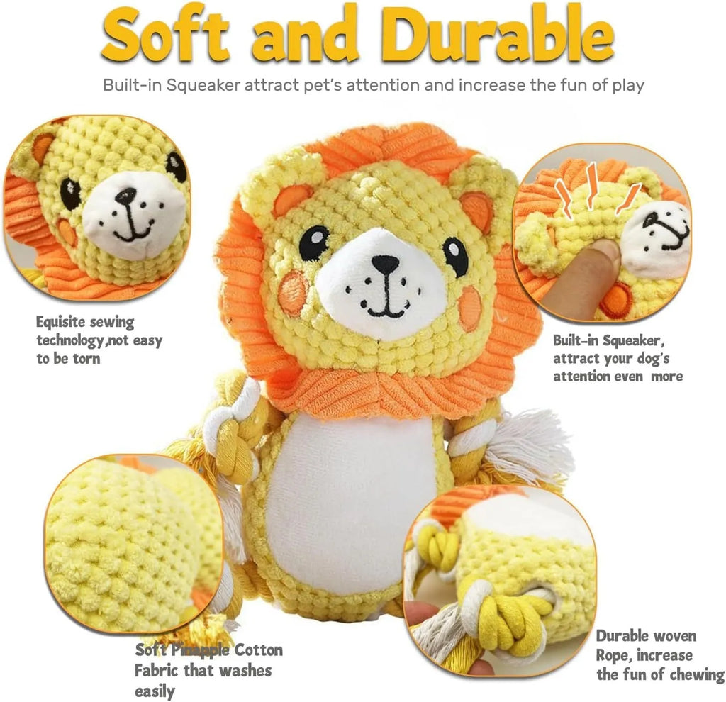 Two stuffed squeaky dog toys: a yellow lion and a brown monkey plush toy on a white background.