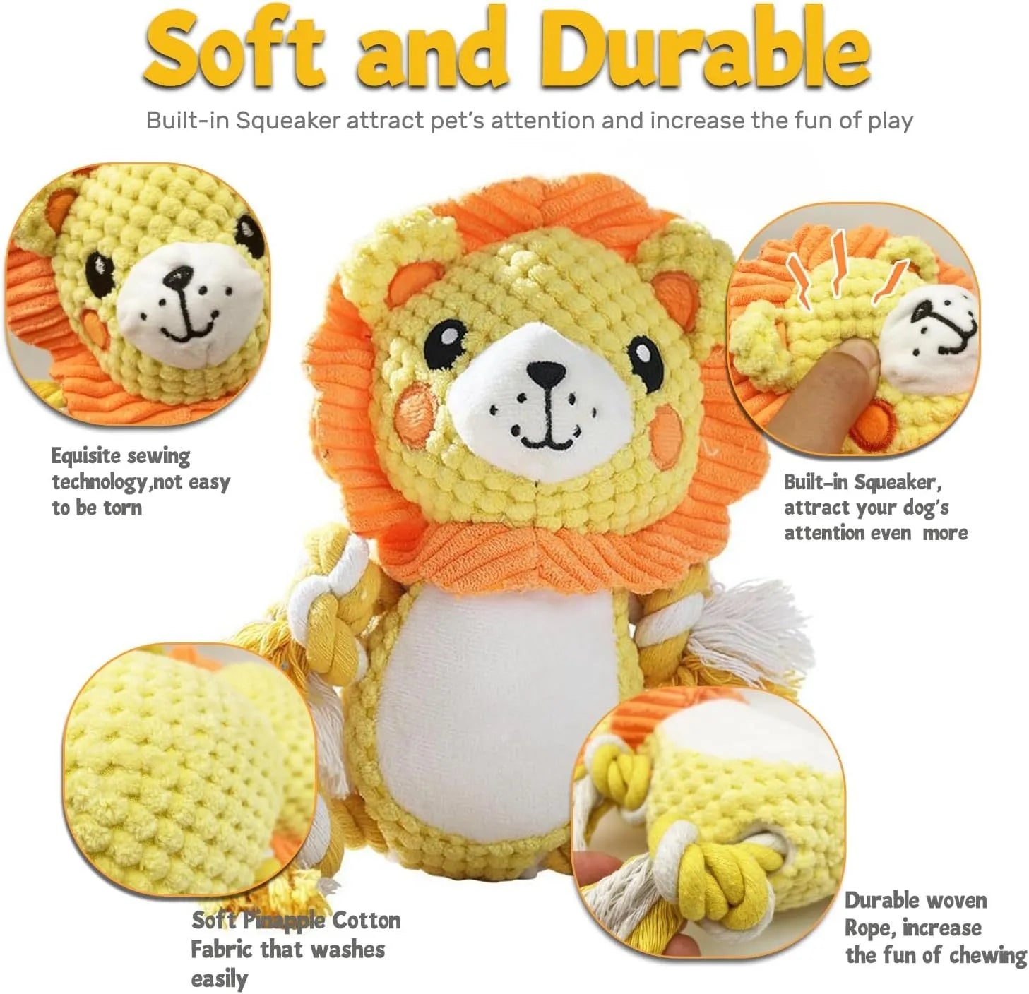 Two stuffed squeaky dog toys: a yellow lion and a brown monkey plush toy on a white background.