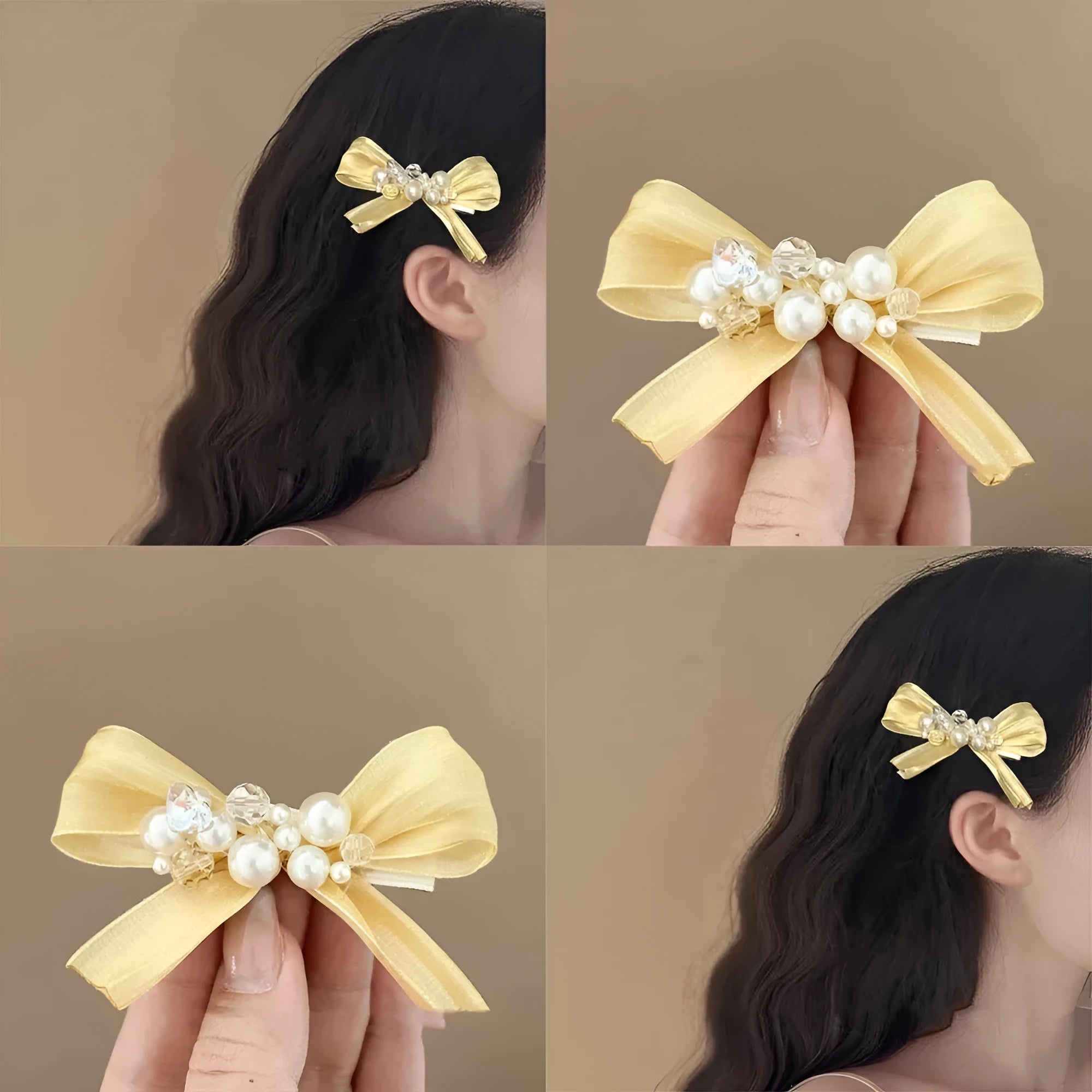 Yellow cloth bow hair clip with rhinestone pearls on duckbill clip mechanism
