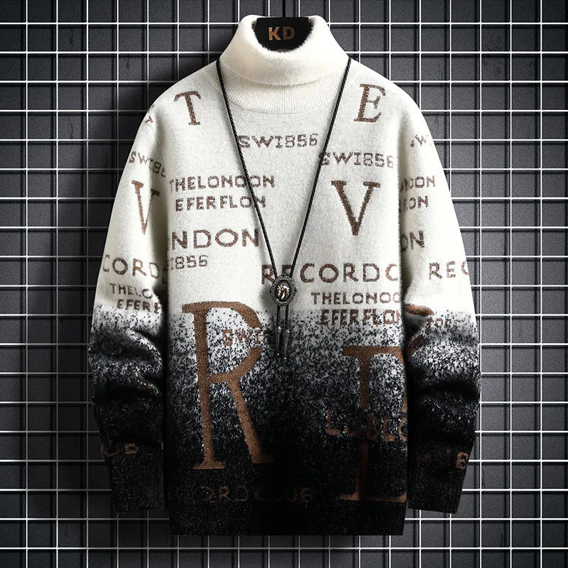 Men's gradient mink fleece turtleneck sweater, slim fit, long sleeve, high collar, nylon blend, rice and green colour