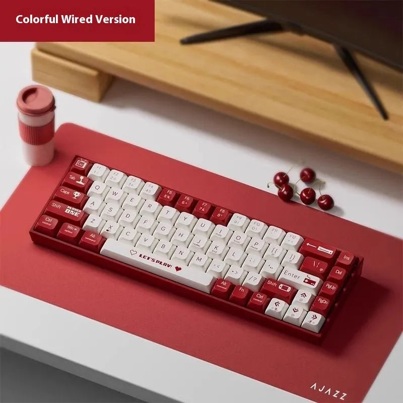 Ajazz AK680 red and white mixed colour hot-swappable mechanical gaming keyboard on a desk.