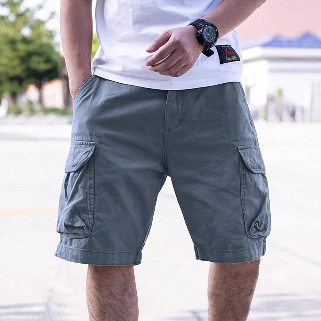 Men's cotton blend workwear shorts in army green with loose fit and micro-elastic fabric