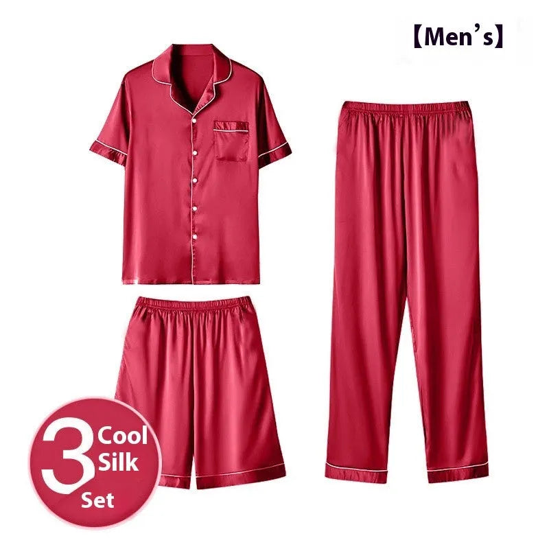 Men's ice silk three-piece home wear set in thin fabric showing top, shorts, and trousers.