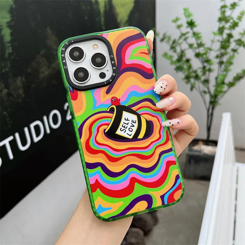 Green hard PC glitter acrylic phone case with love yourself more graphic for iPhone 13