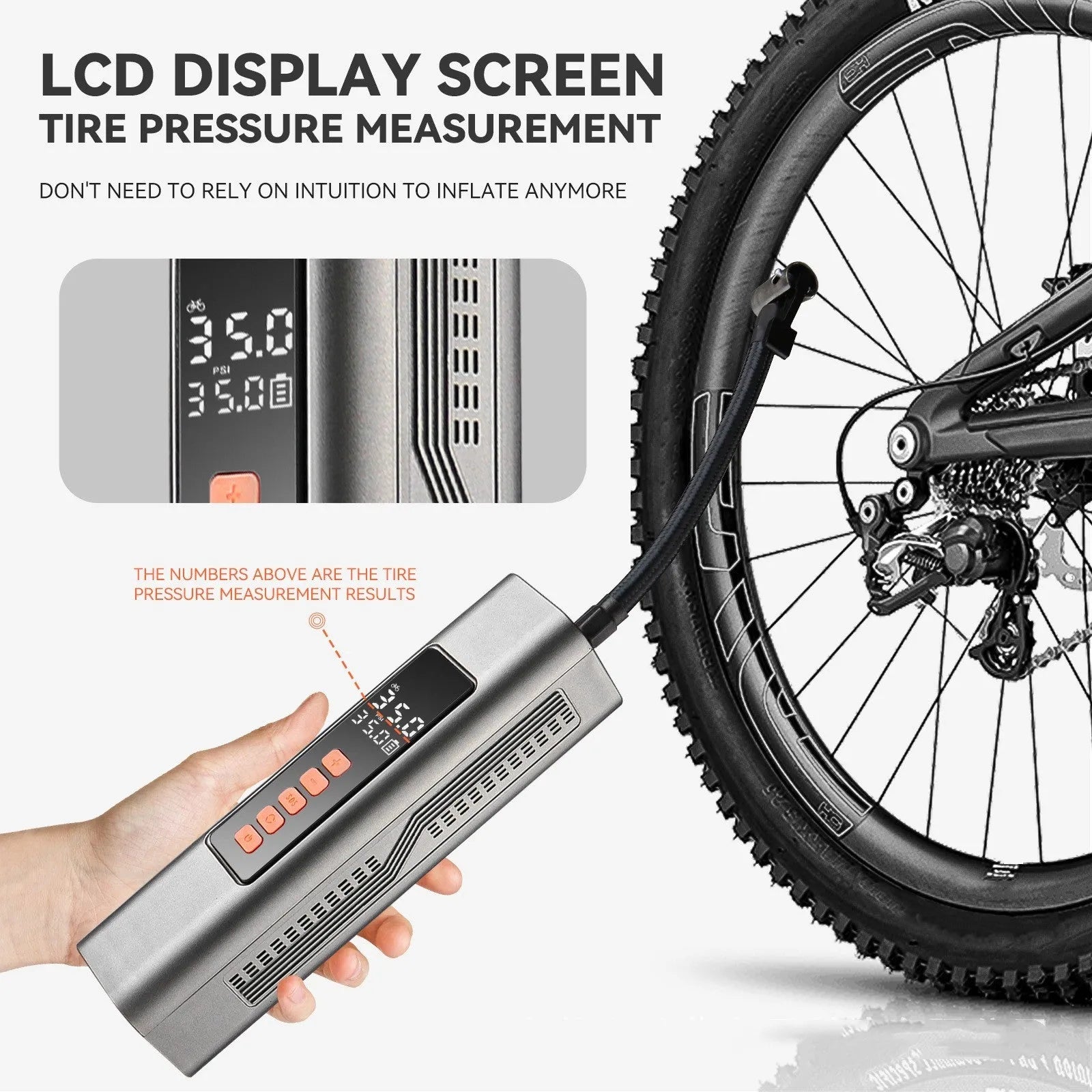 Wireless car tyre inflator with digital display showing pressure readings in multiple units