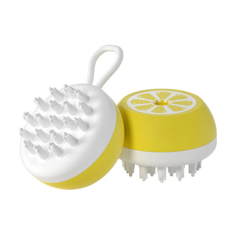 Yellow silicone pet bath brush with comb teeth and massage nodes on a 2-in-1 head.