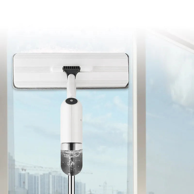 Flat squeeze mop with bucket wringing system showing 360-degree rotation and stainless steel construction
