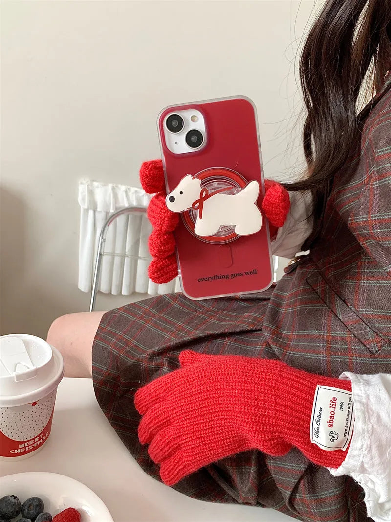 Wine red silicone phone case with embossed red bow tie puppy pattern and magnetic bracket for Apple iPhone