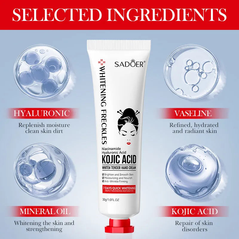 Kojic Acid Beautiful White Skin Rejuvenation Hand Cream 30g tube on white background