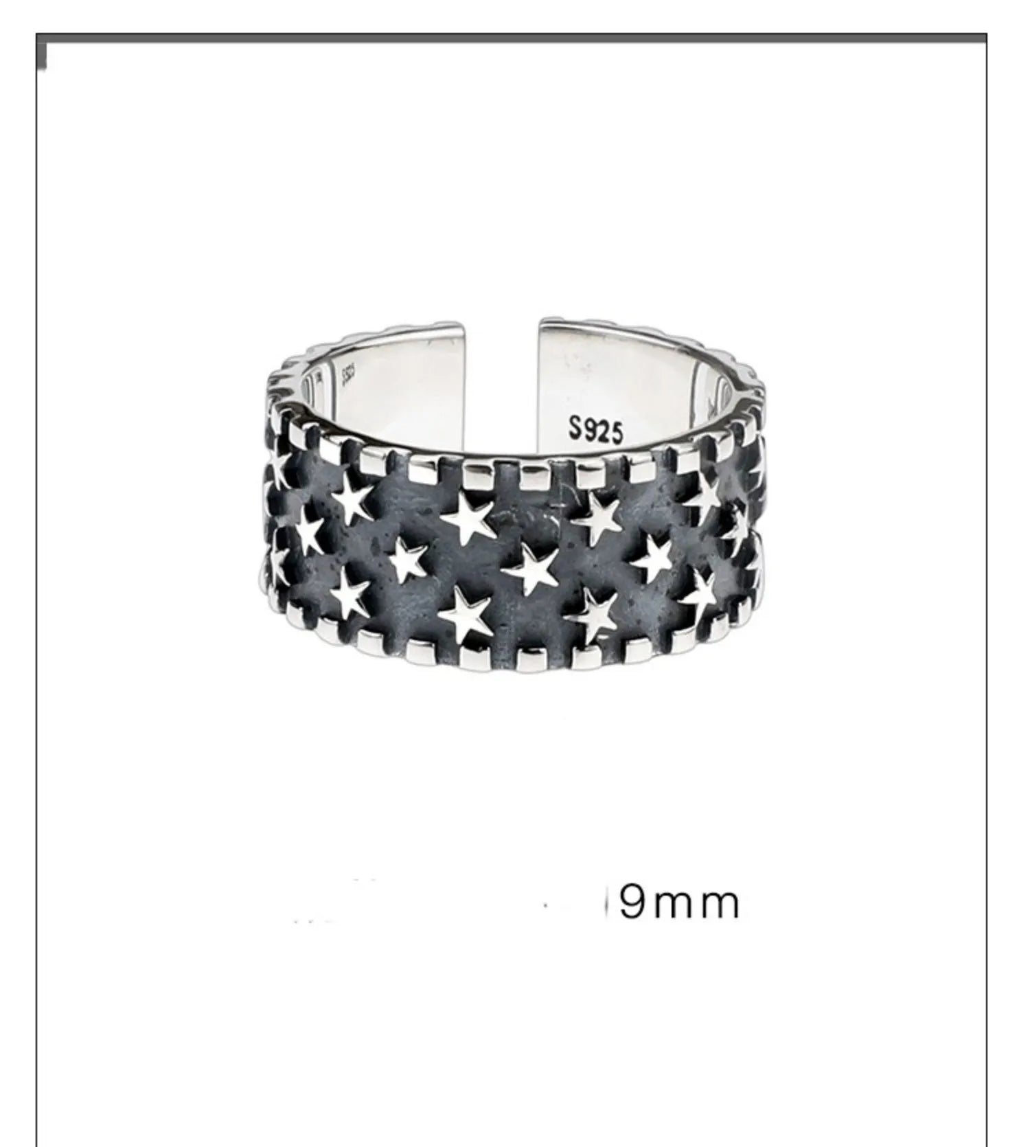 Adjustable open-back sterling silver ring with a geometric five-pointed star pattern.