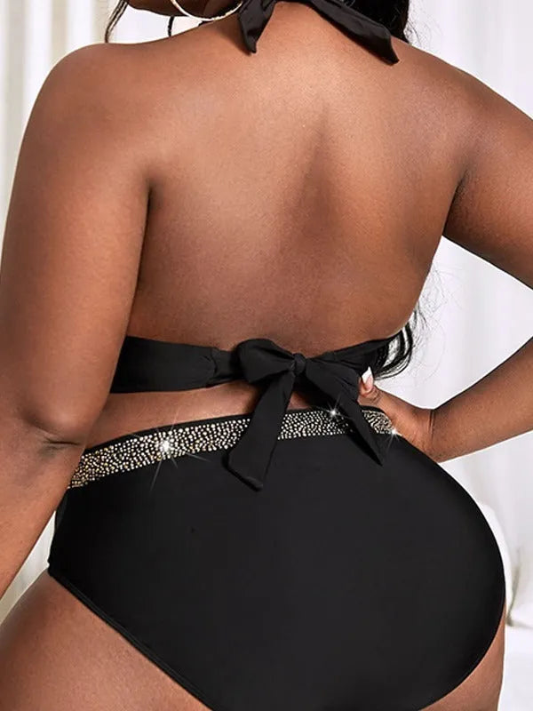 Black plus size women's bikini swimsuit set with bra and shorts