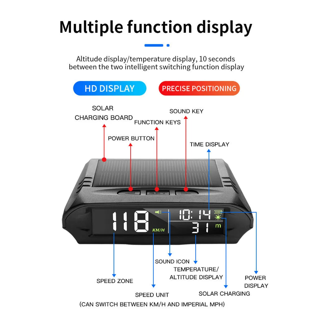 Car head-up display with GPS and solar power, ABS+PC casing, 10x8x3cm, Model X98