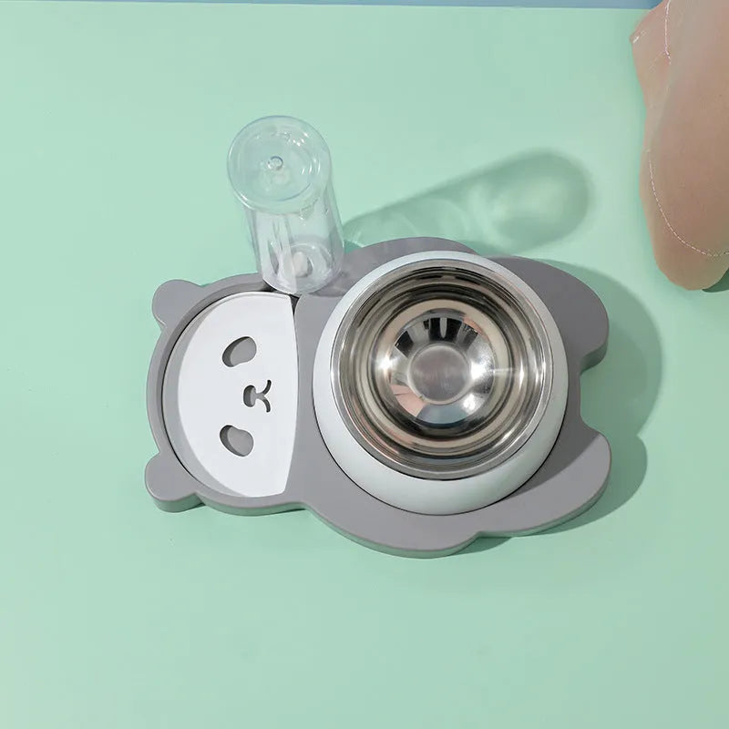 Grey panda-shaped tilted pet bowl set with stainless steel food bowl and automatic water dispenser bottle