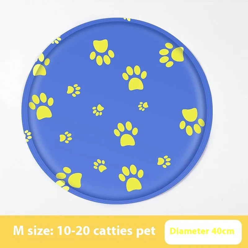 Round pet cooling mat with cartoon animal design showing gel technology for dogs