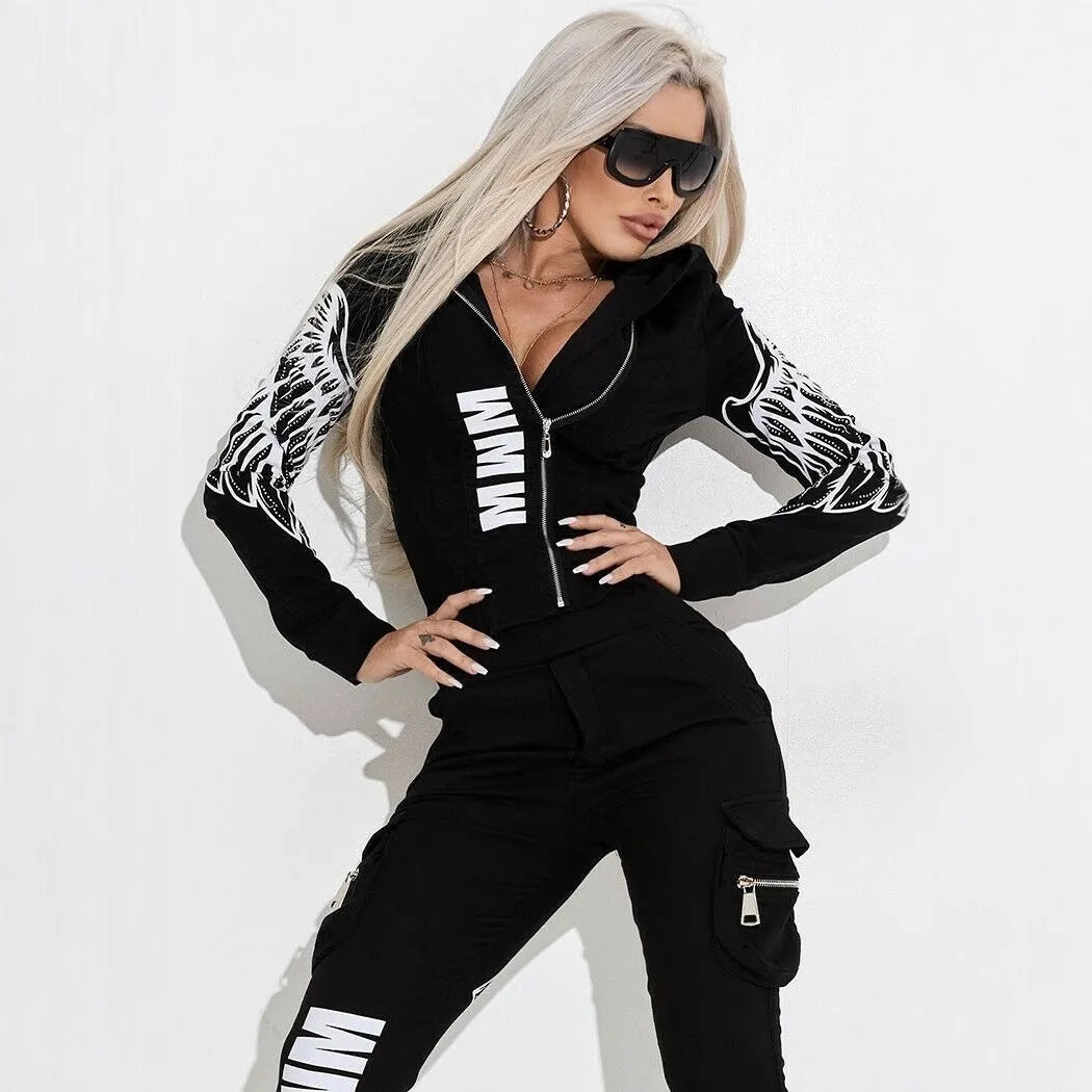 Black women's casual suit with wings print, featuring a hooded zip-up top and straight-leg trousers.