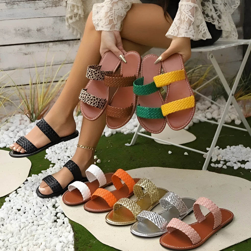 Gold woven synthetic leather beach slipper for women with PVC sole, showing open design and size label.