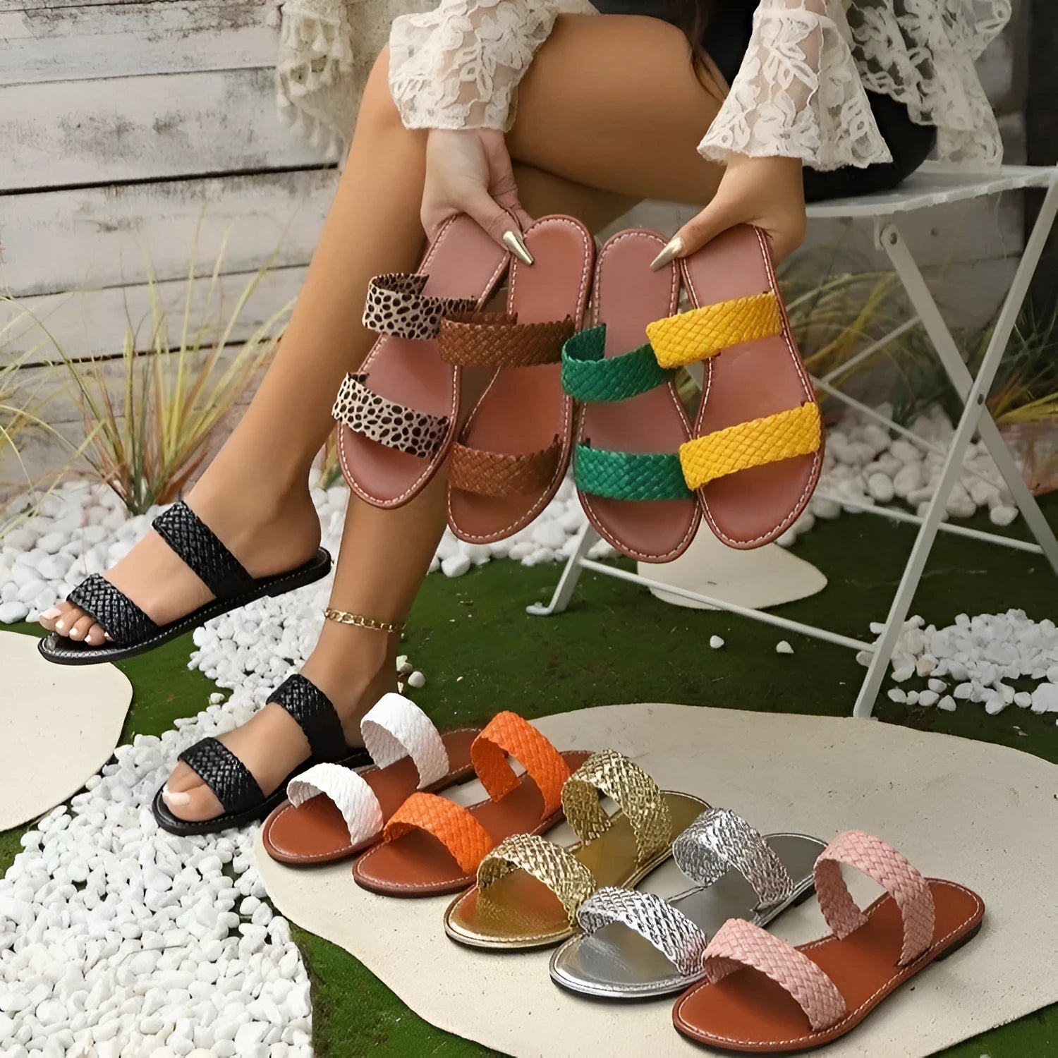Gold woven synthetic leather beach slipper for women with PVC sole, showing open design and size label.