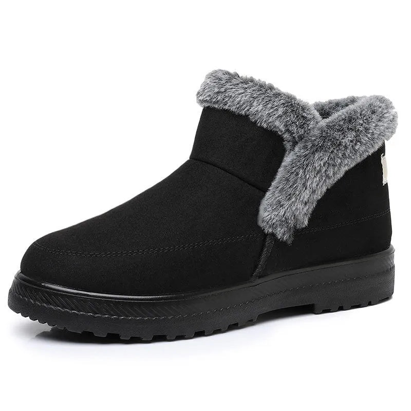 Women's cotton snow boots with plush lining, flat wedge heel, available in black, camel, blue, sizes 36-43.
