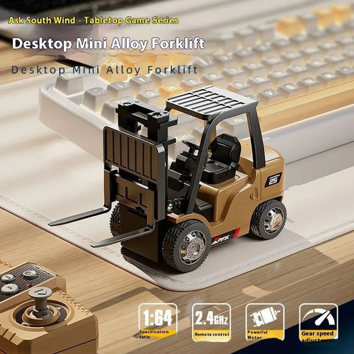 1:64 scale die-cast alloy remote control forklift with cargo accessories on display