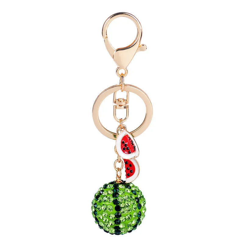 Green watermelon slice zinc alloy keychain measuring 12cm with keyring loop.