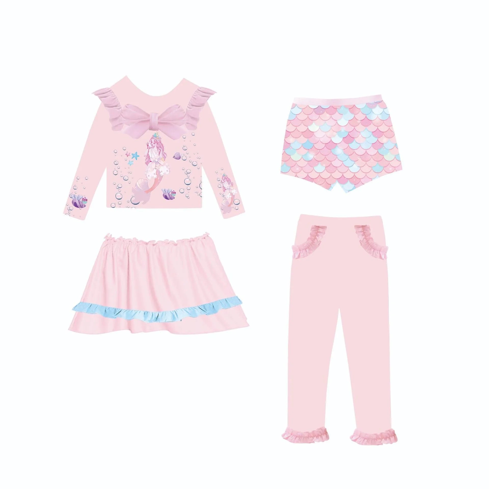 Girl's gilded mermaid swimsuit set with top, skirt, trousers, and shorts in polyester fabric