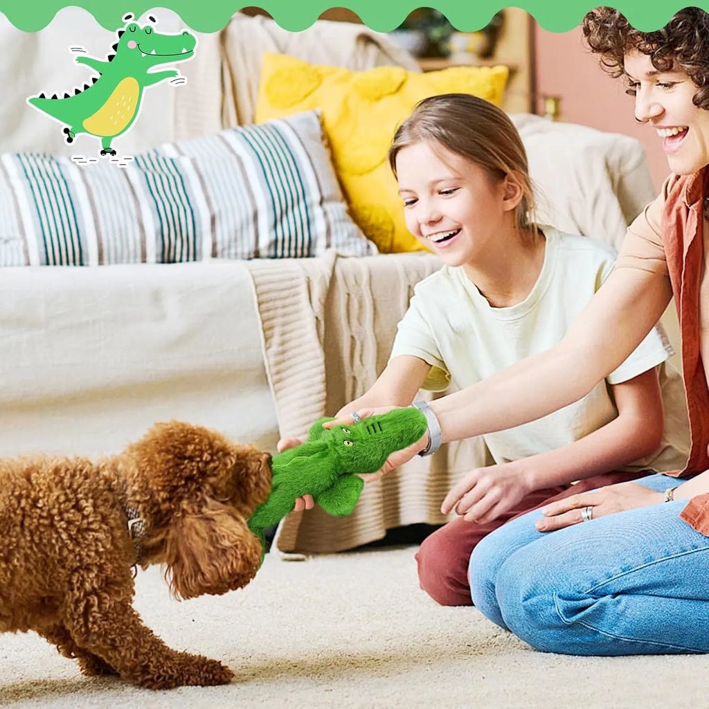 Green crocodile-shaped plush dog toy with a squeaker in the head and crinkle paper in the tail.