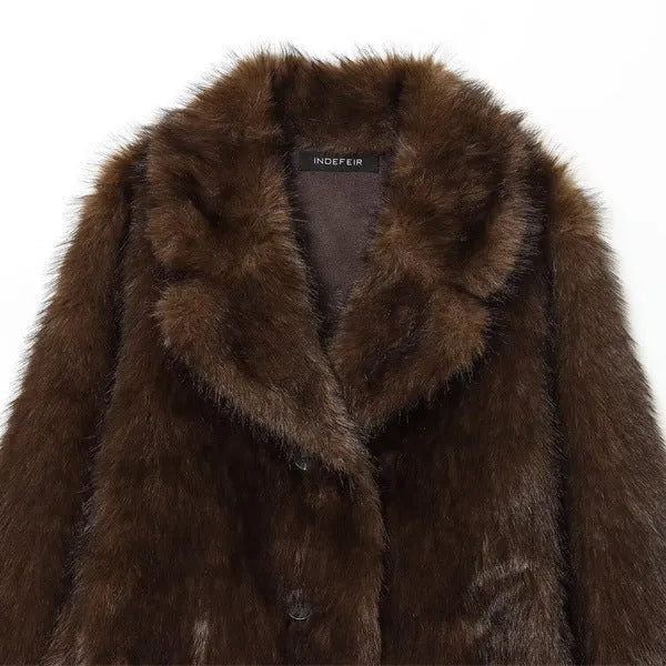 Women's brown double-sided faux fur jacket with fur collar and long sleeves, sizes XS to L, 50cm length
