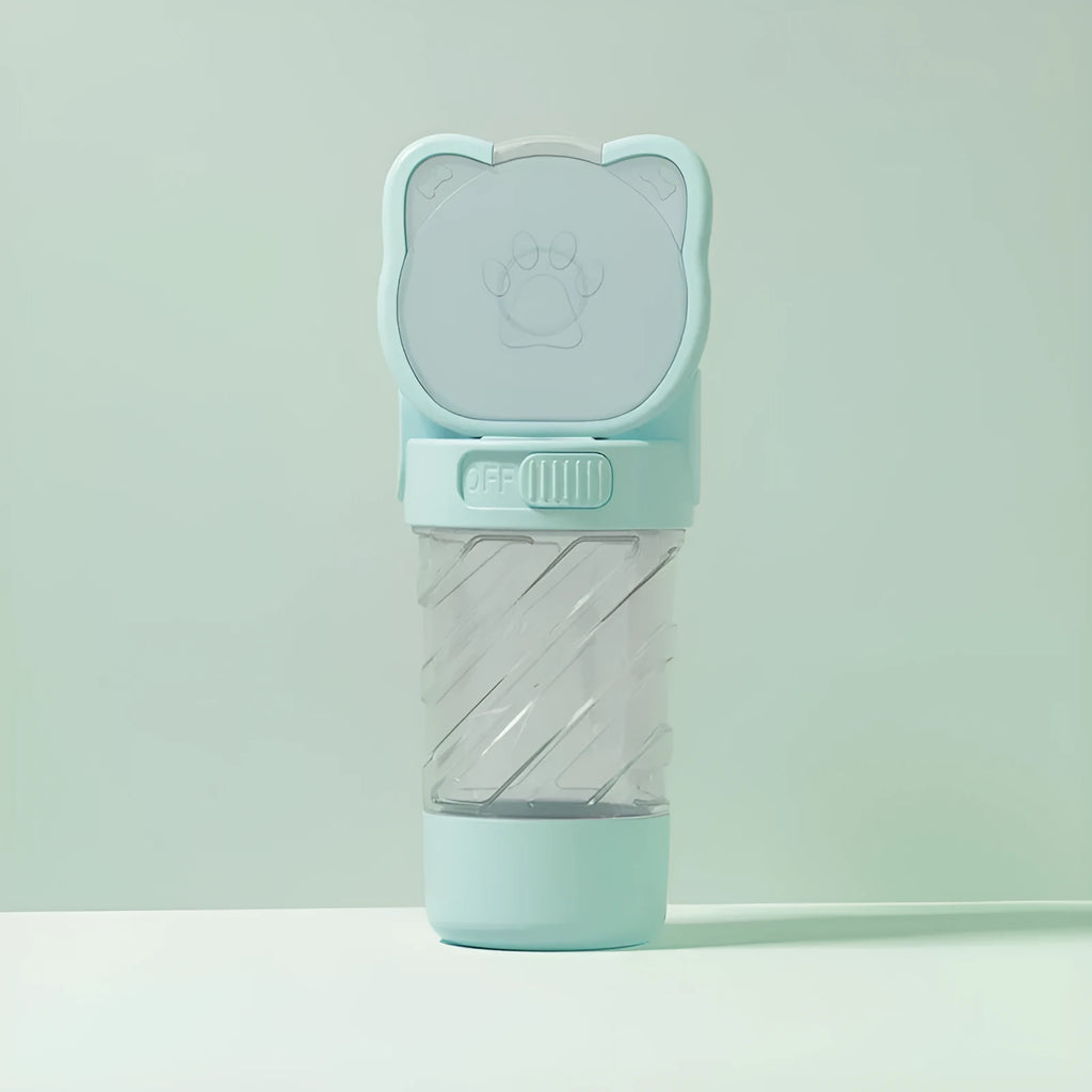 Green, pink, or white 3-in-1 portable pet water bottle with food container and garbage bag dispenser attached to a strap.