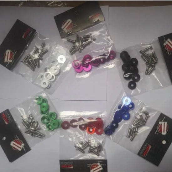 Car modification gasket screw bolt washer kit showing eight anodised colour options for engine bay customisation