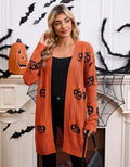 Women's black Halloween cardigan with orange Jacquard-knitted pumpkin head pattern.