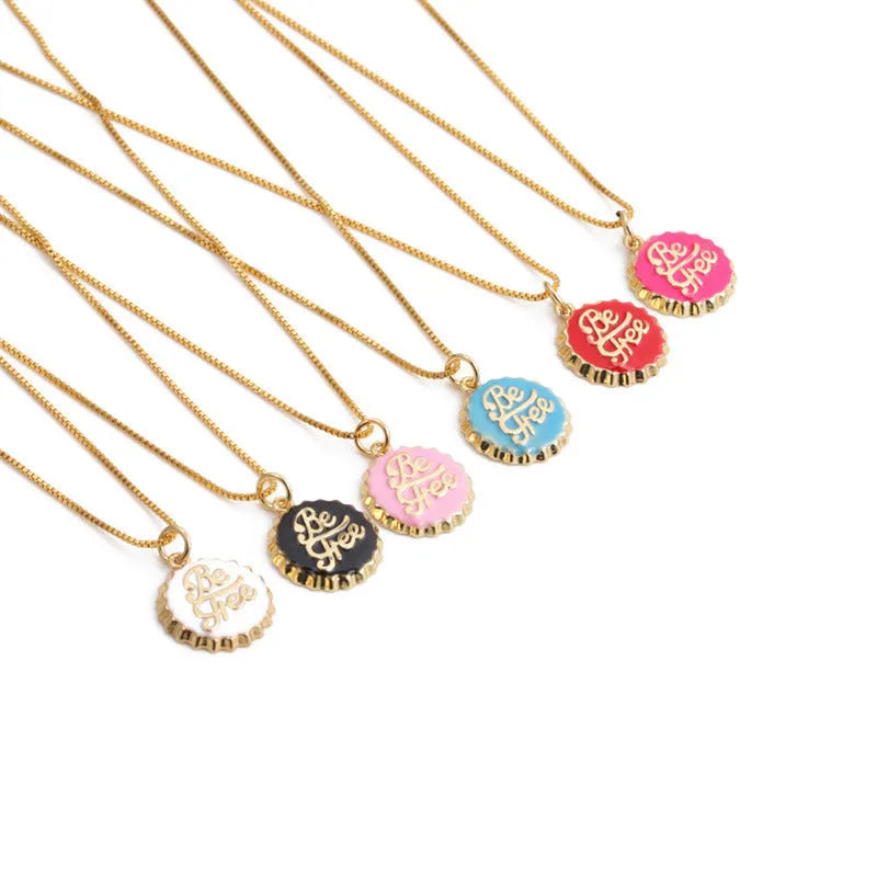 Copper bottle cap pendant necklace with 18K gold electroplating on a 40 cm box chain.