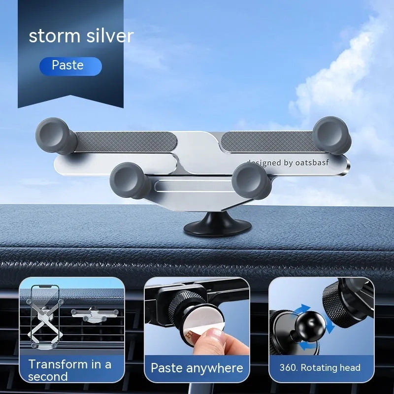 Invisible alloy on-board car phone bracket showing knob air outlet and paste mounting versions in black colour