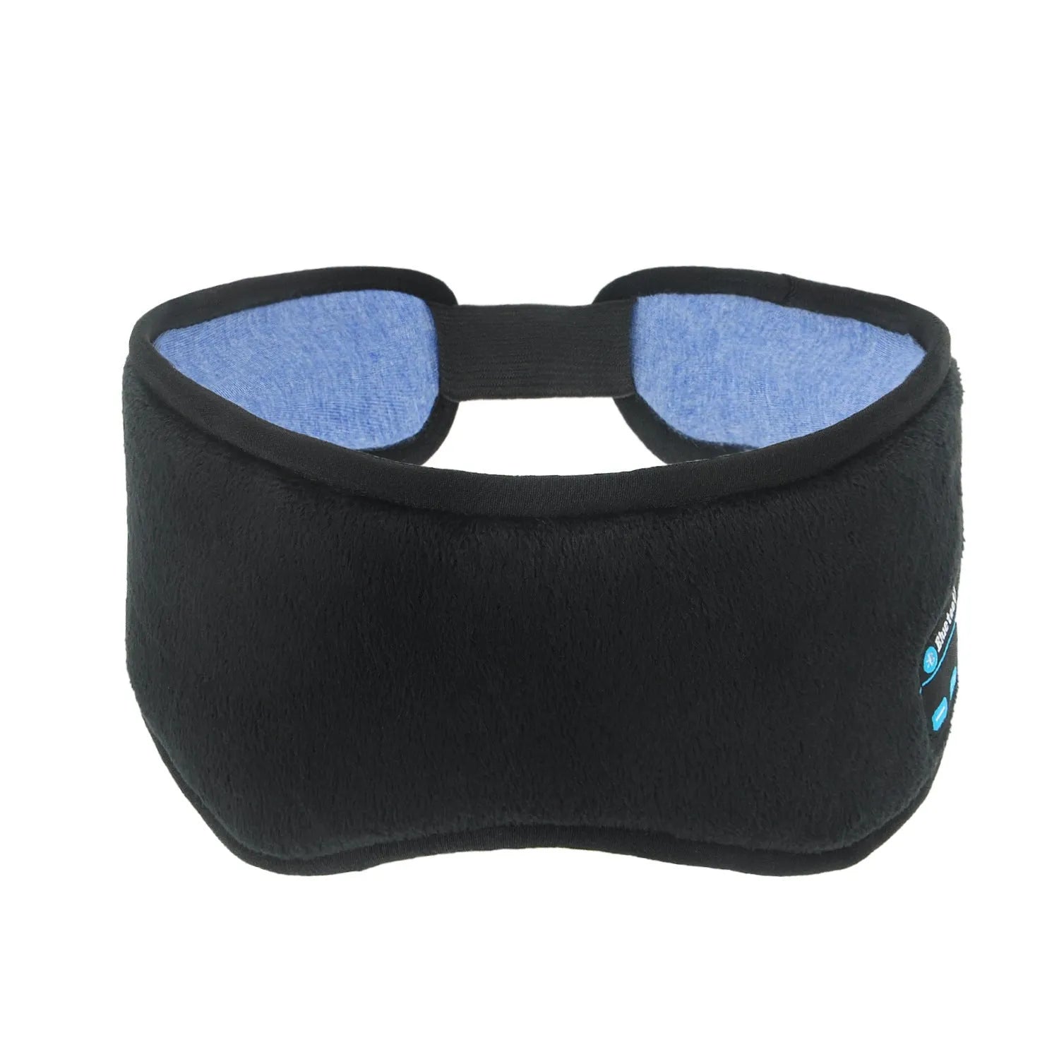 Black Bluetooth sleep mask headphones showing soft eye mask with integrated flat earphones and adjustable strap.