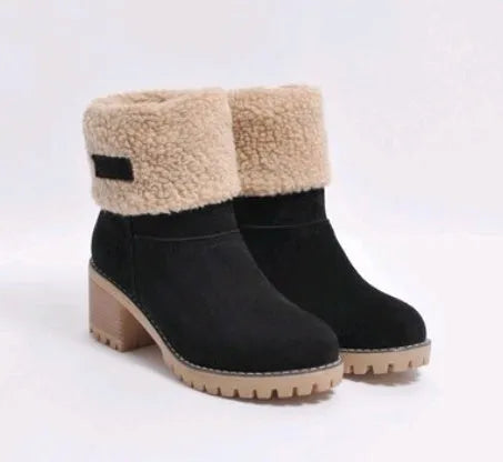 Women's suede mid-tube snow boots with a thick heel and round toe in multiple colours.