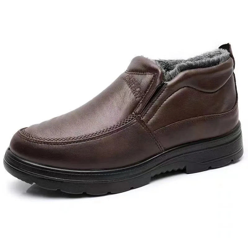 Men's black fleece-lined slip-on winter shoes with a rubber sole shown on a white background.