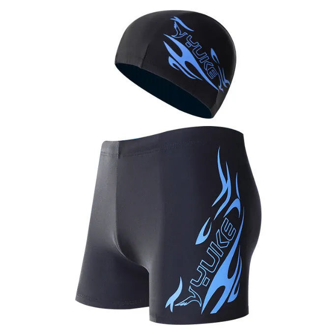 Men's plus size boxer swimming trunks with flame pattern and matching swimming cap