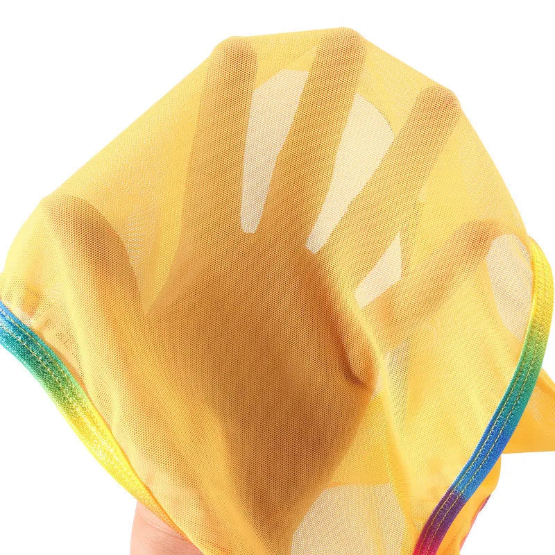 Mesh transparent women's briefs in multiple colours showing knitted nylon fabric.