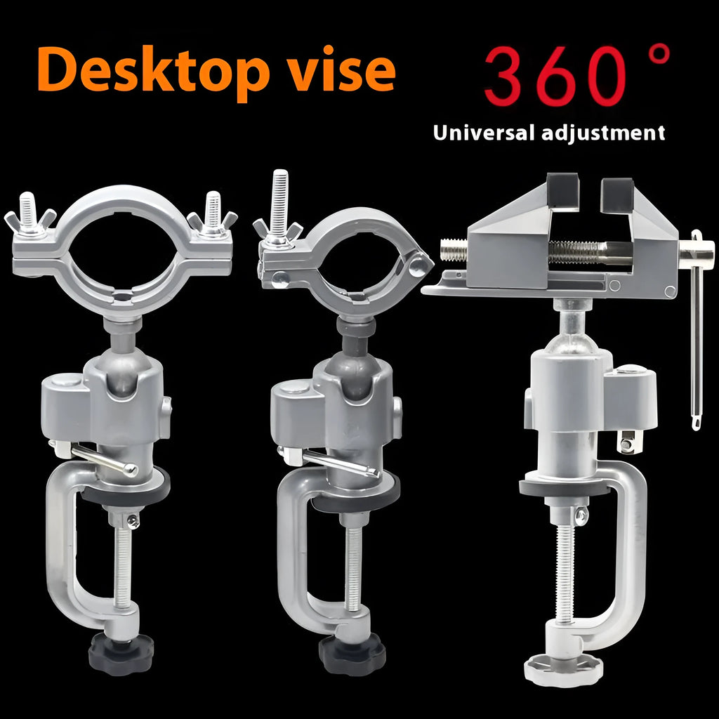 Clamp-on bench vise with a 360-degree rotating head and bracket pliers on a workbench.