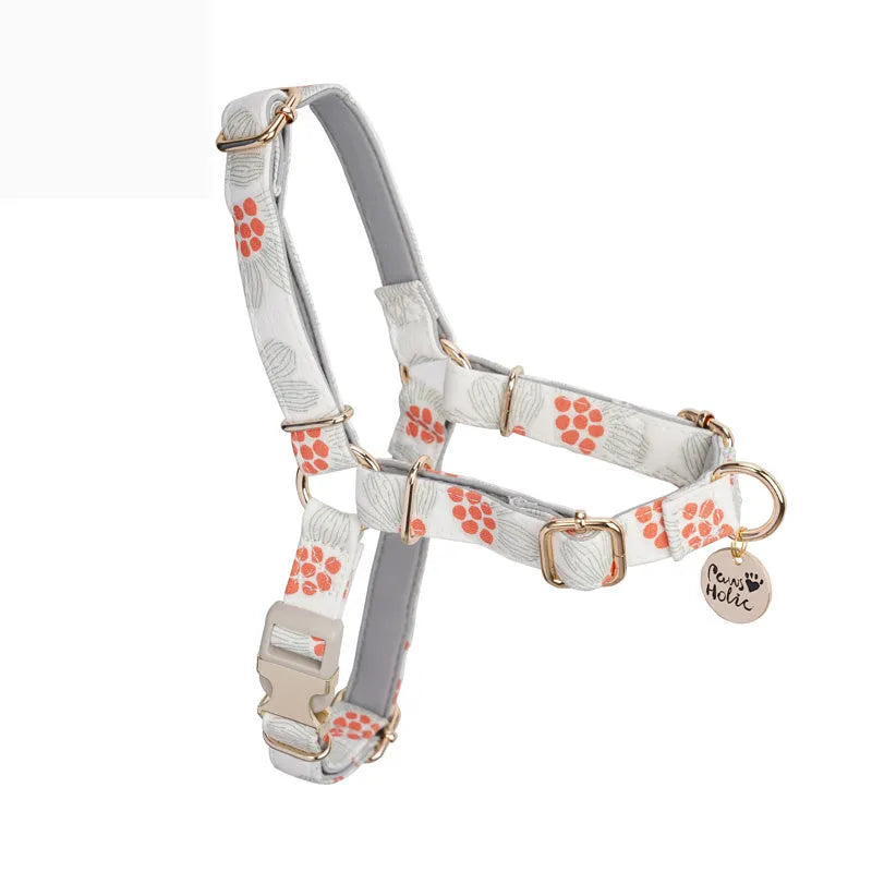 Polyester dog chest strap harness in Early Snow colour with hand-holding rope, side view on floor