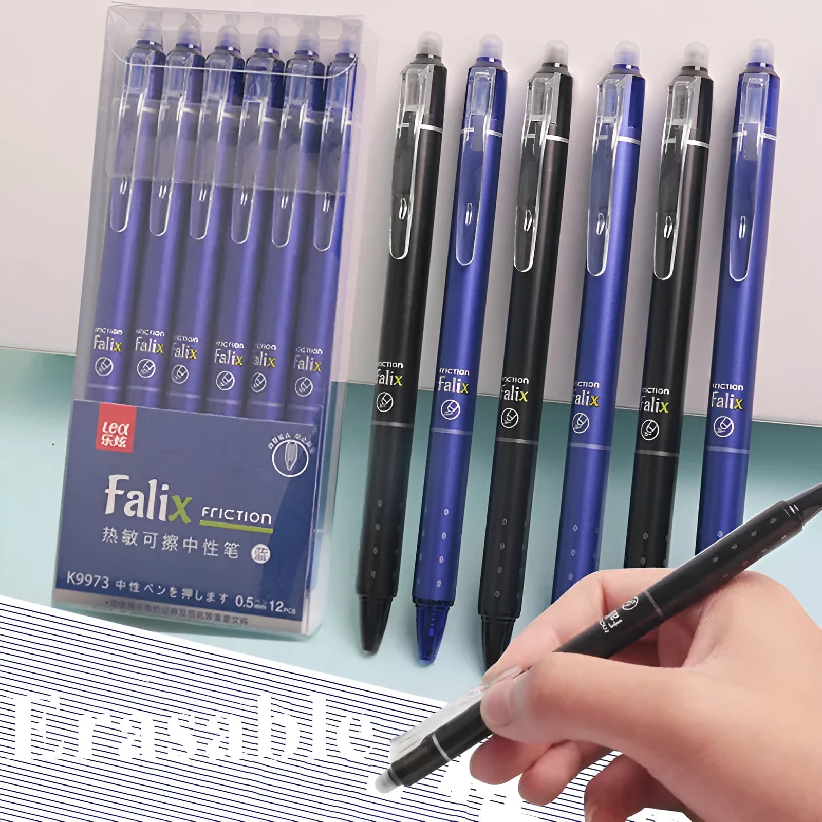 Hot erasable push gel pen with 0.5mm tip, plastic shell, blue or black refill option