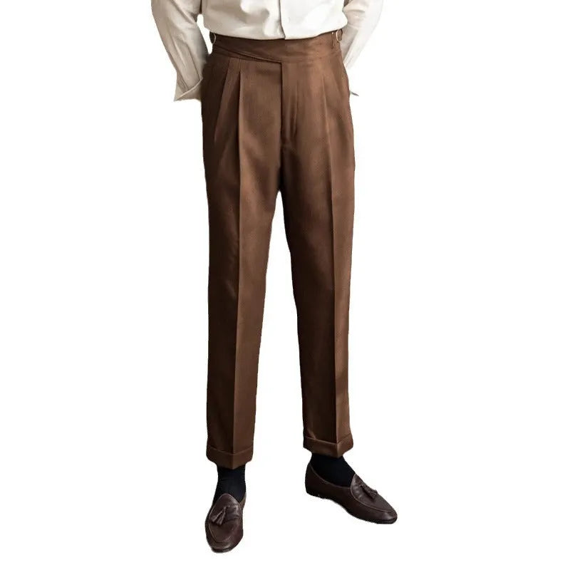 Men's high-waisted straight-leg casual trousers in polyester, shown in black, white, khaki, and coffee colours.