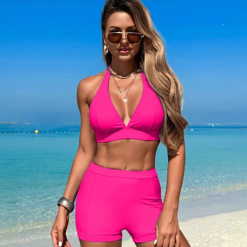 Women's nylon bikini swimsuit in black, pink, blue, and purple colour options