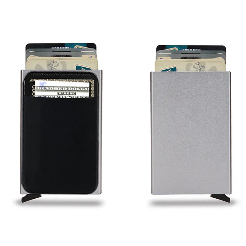Frosted metal slim credit card wallet in aluminium alloy showing colour options.